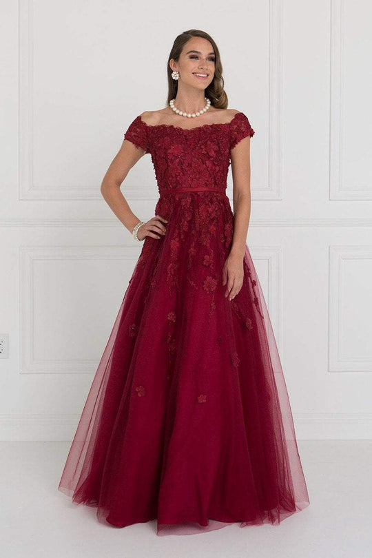 GL1516 Floral Appliqued Off-Shoulder Evening Gown