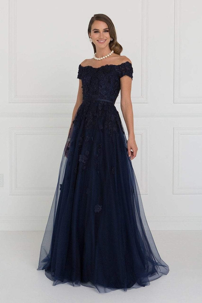 GL1516 Floral Appliqued Off-Shoulder Evening Gown