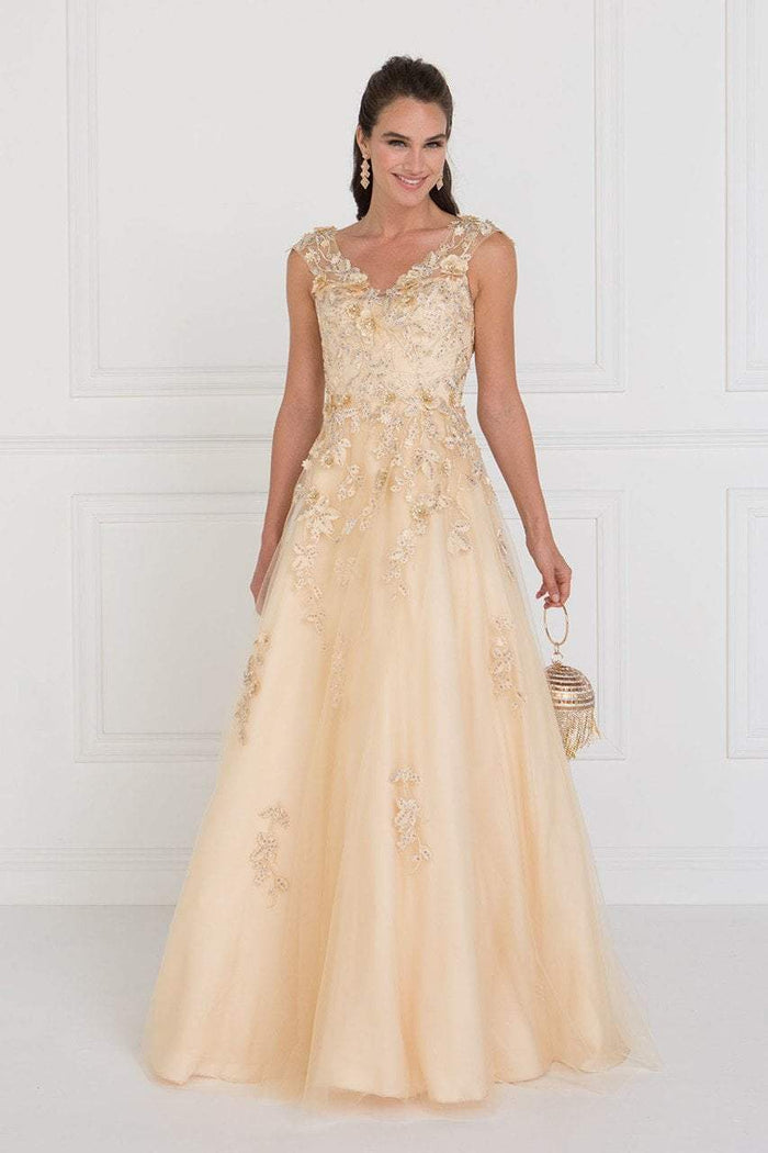 GL1517 Floral Embroidered Cap Sleeves Gown