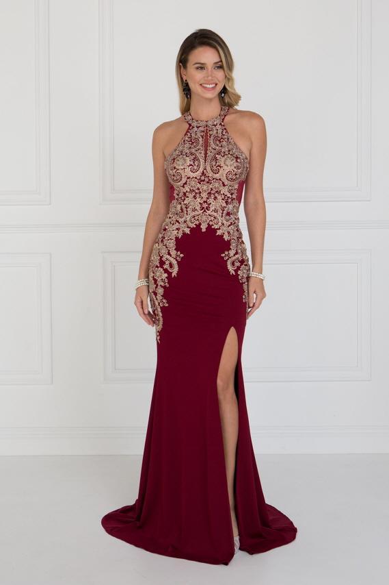 GL1519 Jeweled Gilt Lace High Halter Gown