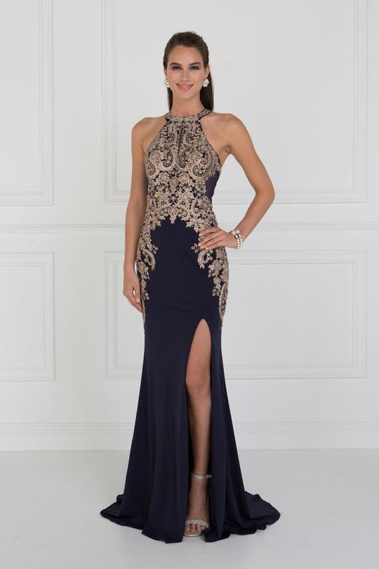 GL1519 Jeweled Gilt Lace High Halter Gown