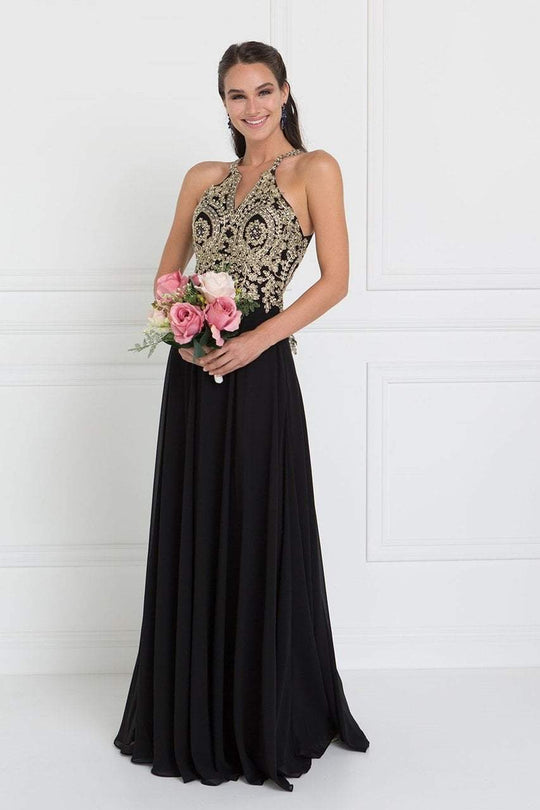GL1526 Lace Embellished High Neck Chiffon Gown