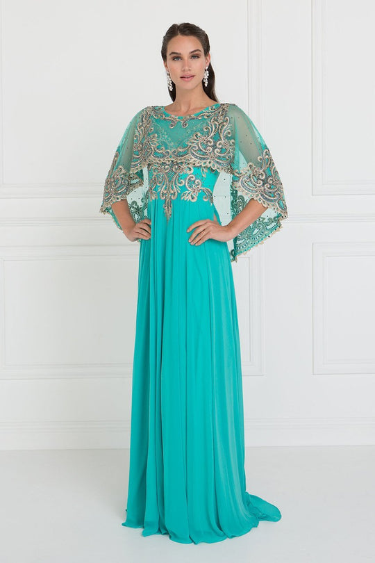 GL1527 Chiffon Dress with Embroidered Cape Sleeves