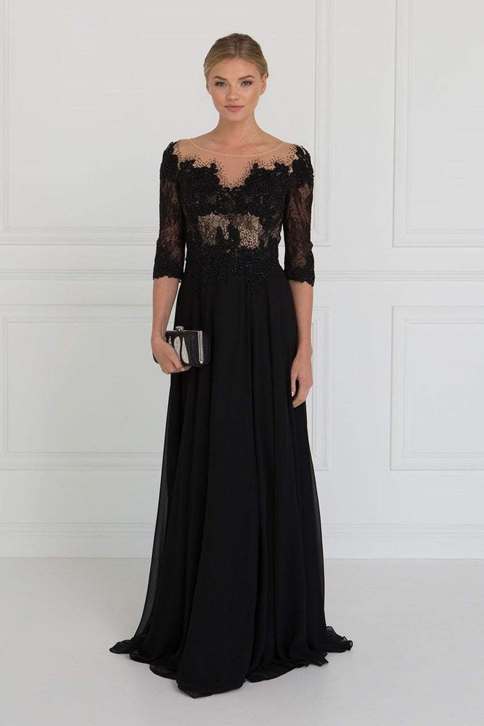 GL1528 Quarter Sleeve Jewel Adorned Illusion Lace Gown