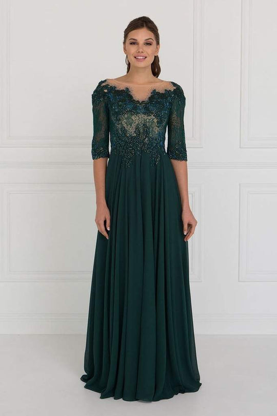 Elizabeth K Quarter Sleeve Jewel Adorned Illusion Lace Gown GL1528 In Green