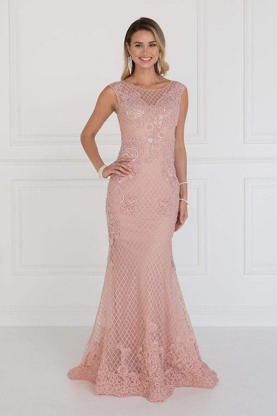 GL1536 Embellished Sheer Bateau Sheath Dress