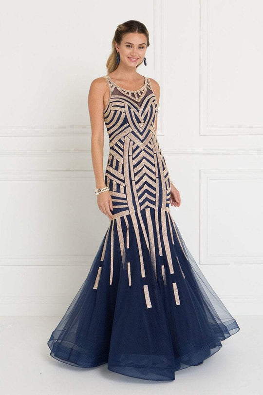 GL1541 Bedazzled Sheer Scoop Trumpet Dress