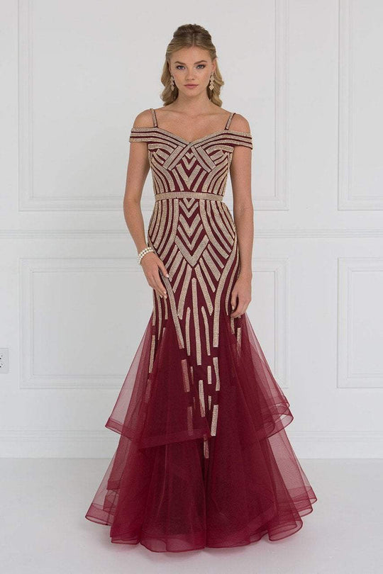 GL1542 Embellished Illusion Off-Shoulder Trumpet Dress