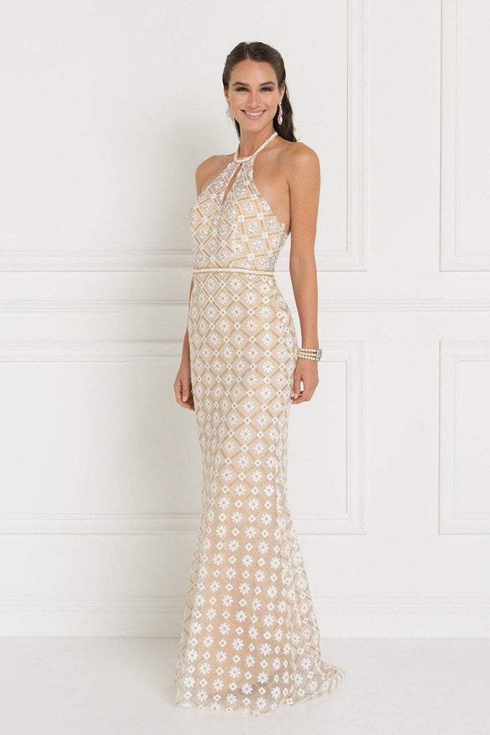 Elizabeth K - GL1548 Beaded Halter Tulle Sheath Dress In Neutral