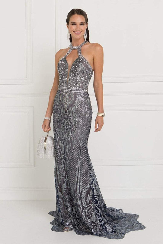 GL1549 Plunging Cutout High Halter Metallic Beaded Gown