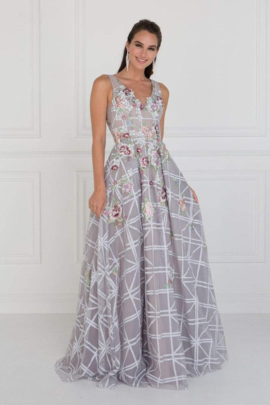 GL1550 Floral Embroidered Lattice Tulle A-Line Gown