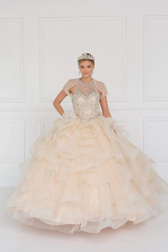 GL1552 Jeweled Illusion Halter Ballgown with Bolero