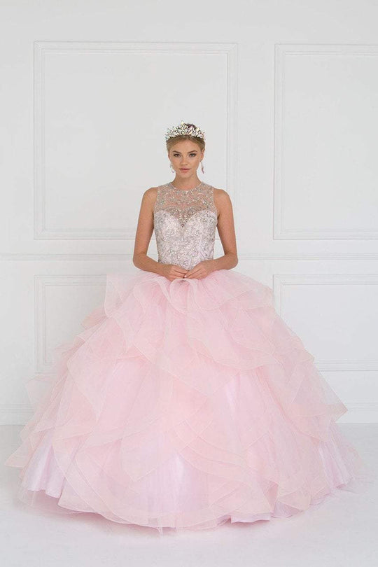 GL1553 Bejeweled Ruffled Ballgown With Sheer Bolero