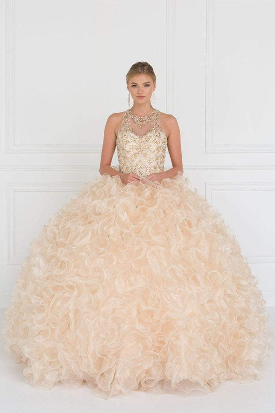 GL1554 Bejeweled Organza Ruffled Ballgown