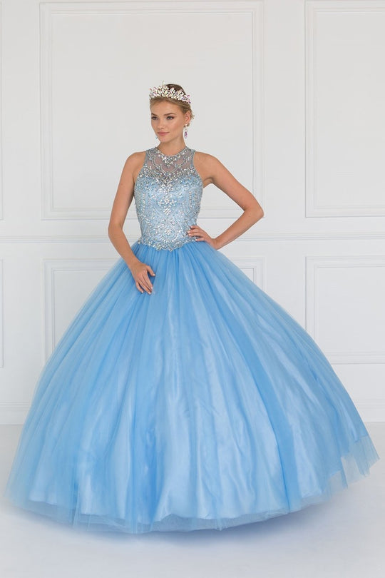 GL1558 Crystal Ornate Illusion Jewel Tulle Ballgown
