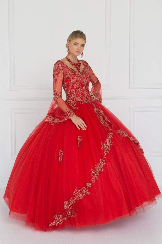 GL1561 Embellished Sheer Long Bell Sleeve Ballgown
