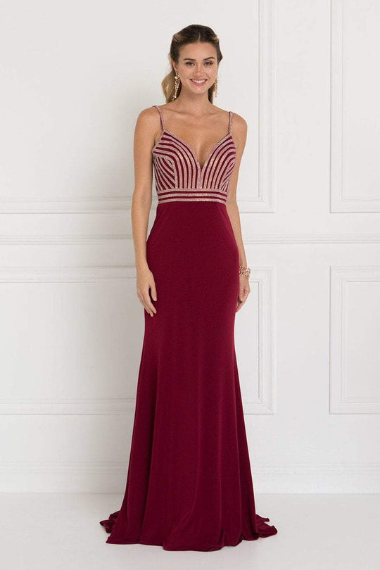 GL1562 Beaded V-neck Jersey Sheath Dress