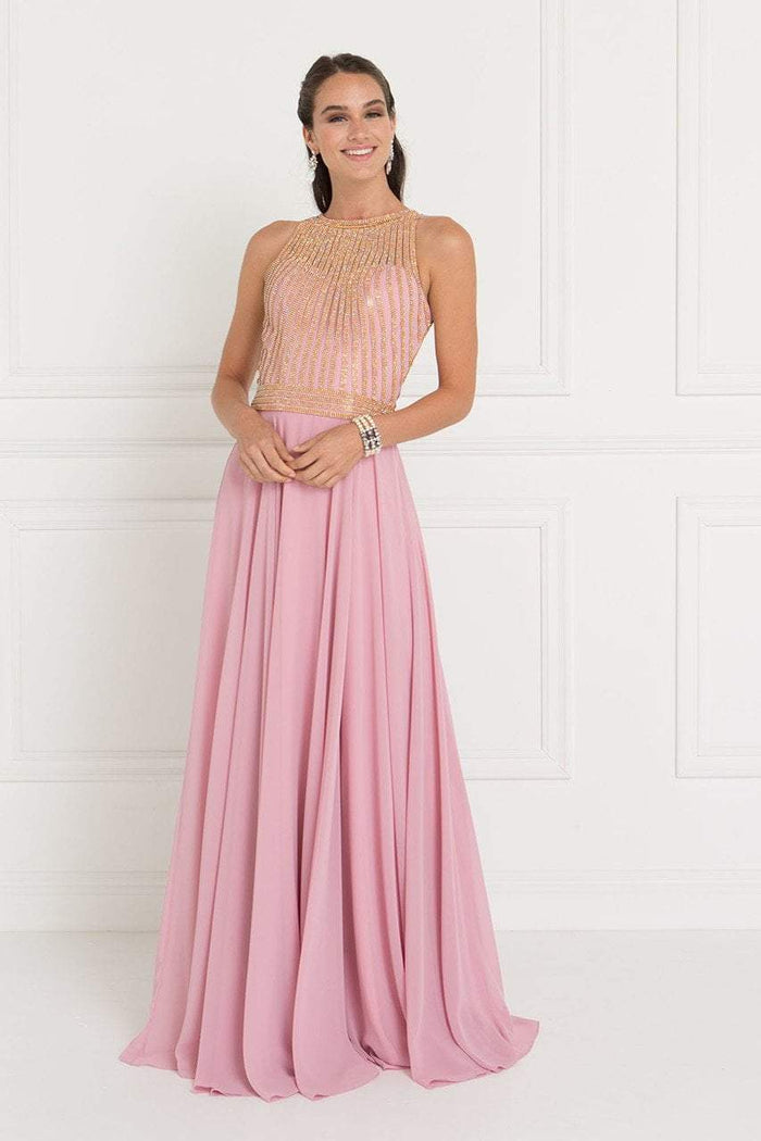Elizabeth K - GL1563 Gilded Illusion Halter Chiffon A-line Dress In Pink