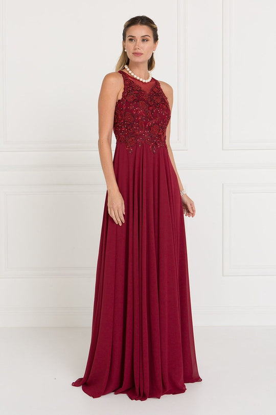 GL1570 Embroidered Illusion Halter Chiffon A-line Dress