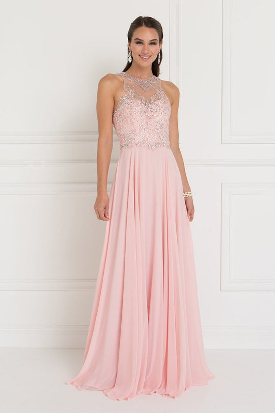 GL1572 Embellished Illusion Jewel Chiffon A-line Dress