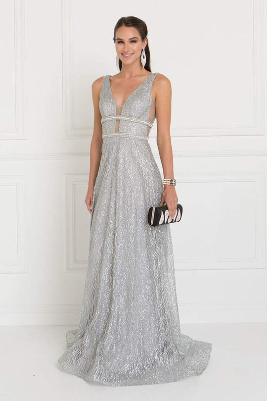 Elizabeth K - Sequined Plunging V-neck A-line Evening Gown GL1575 In Silver