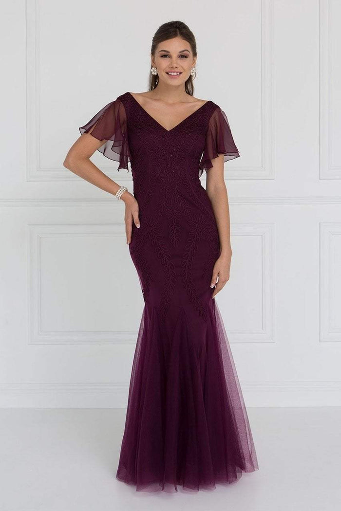 GL1576 Butterfly Sleeve Embroidered Foliage Trumpet Gown