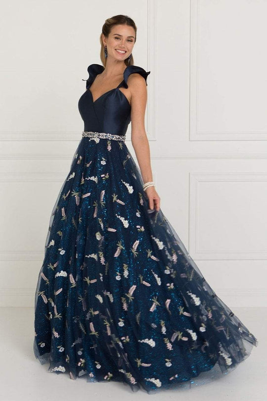 GL1578 Ruffled Cap Sleeve Floral Embroidered Ballgown
