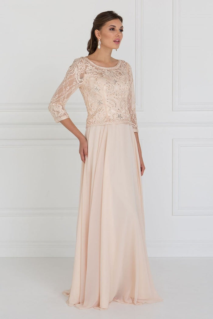 GL1580 Quarter Sleeve Jeweled Soutache Illusion Gown