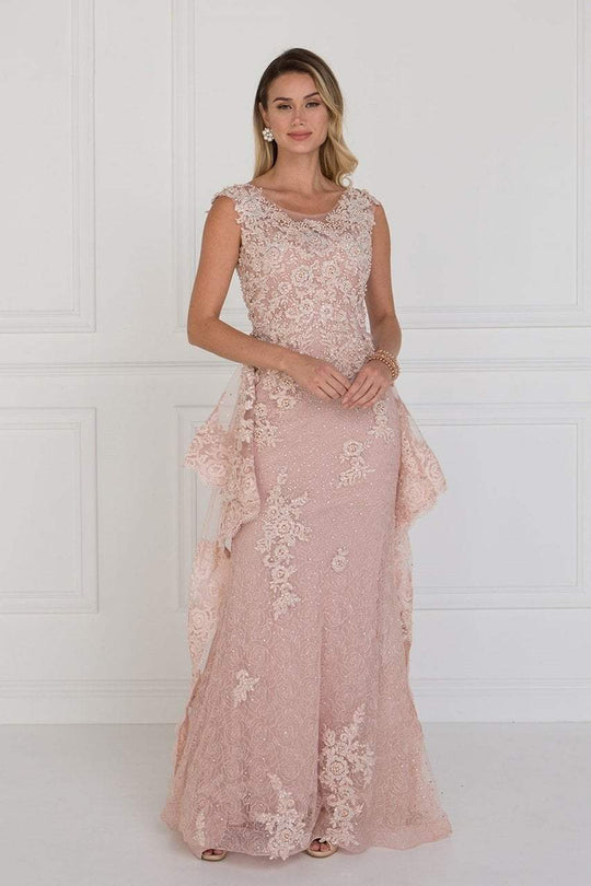 GL1581 Appliqued Illusion Peplum Ornate Lace Gown