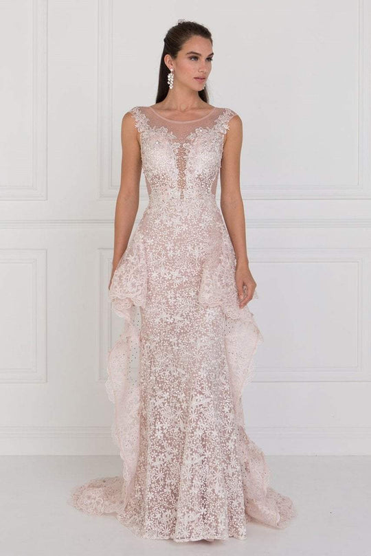 GL1582 Cap Sleeve Illusion Paneled Lace Overskirt Gown