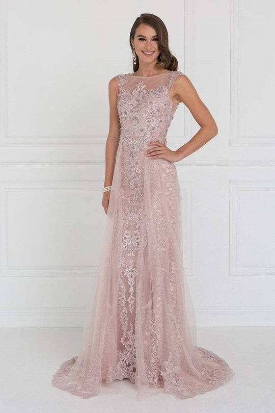 GL1583 Illusion Bateau Appliqued Tulle Overlay Gown