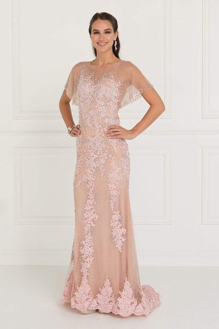 GL1585 Beaded Lace Dolman Sleeve Sheath Dress