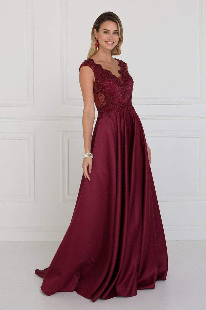 GL1586 Beaded Lace V-neck Charmeuse A-line Dress