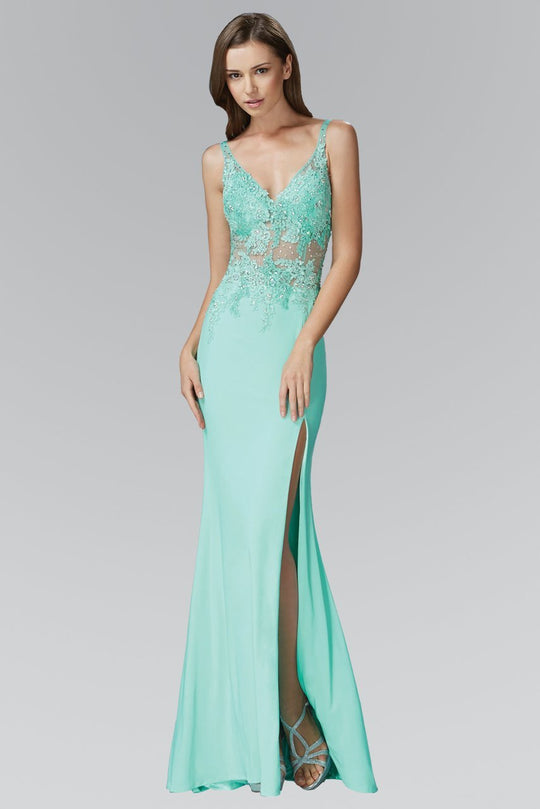 Sheer Lace Applique Sheath Gown GL2052