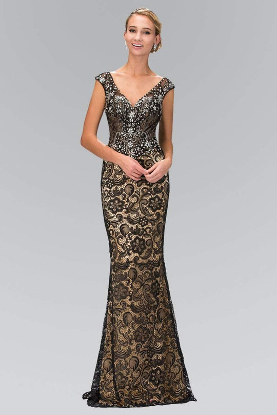 Jeweled V-Neck Gown GL2059