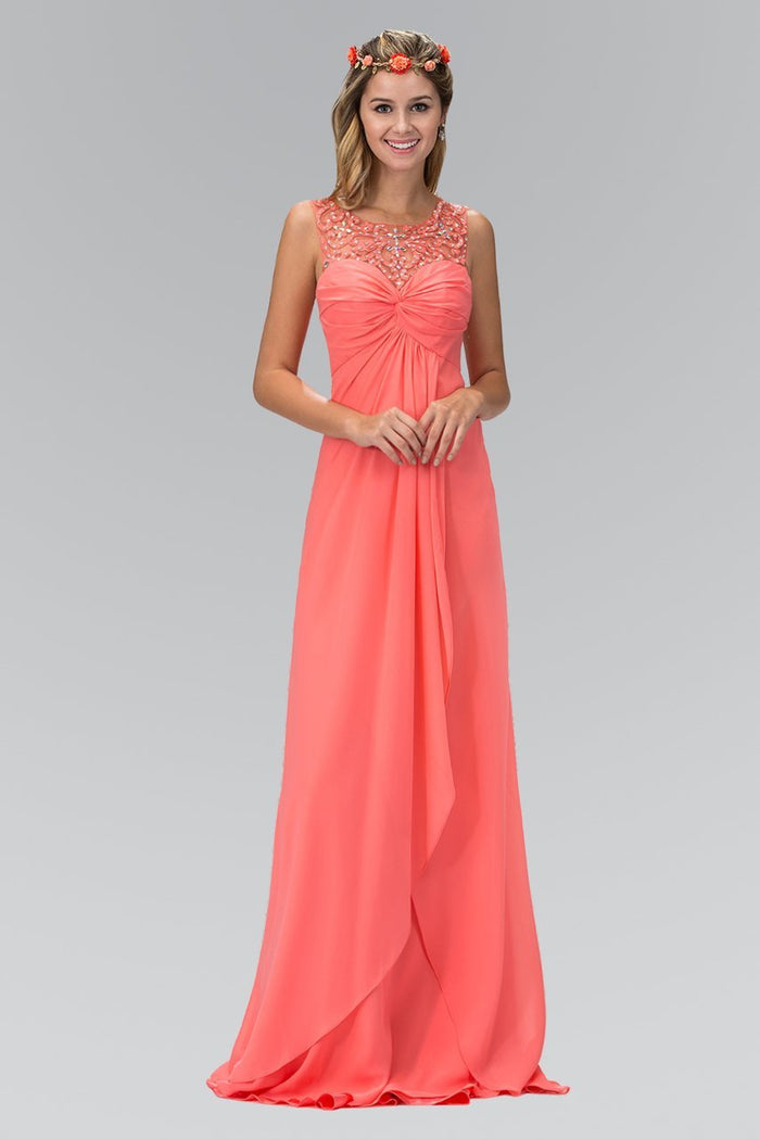 Beaded Illusion Scoop Neck Chiffon Dress GL2061