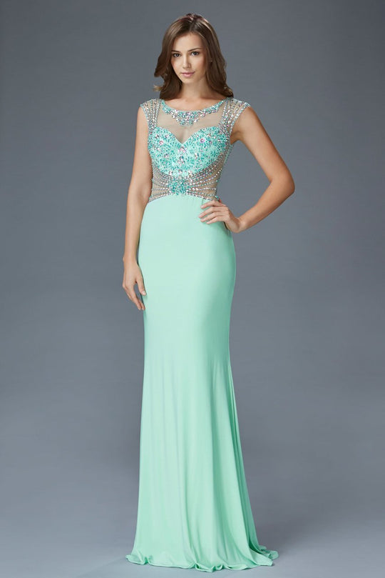 Bejeweled Sheer Bodice and Back Sheath Gown GL2082