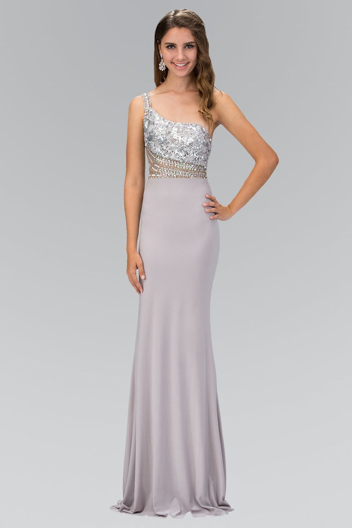 Asymmetric Neckline Bejeweled Gown GL2086
