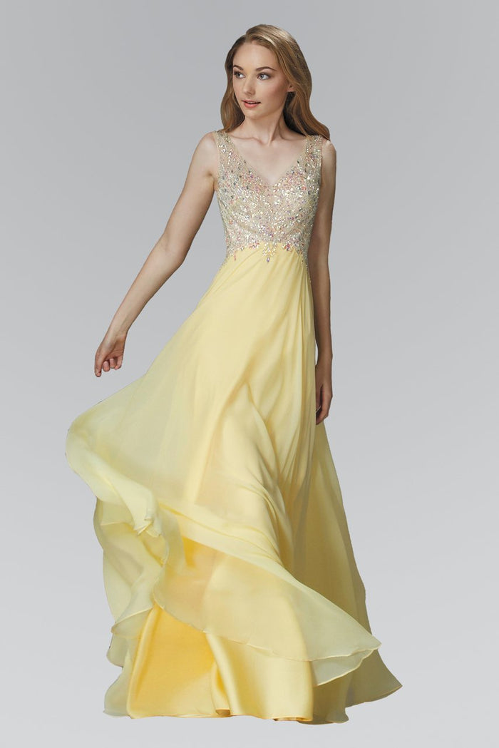 Bejeweled V-Neck Chiffon Gown GL2116