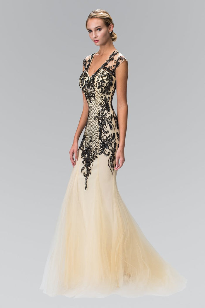 V-neckline with Open Back Beaded Gown GL2169