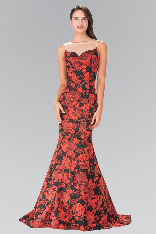 Illusion Bateau Neckline with Floral Print Gown GL2246