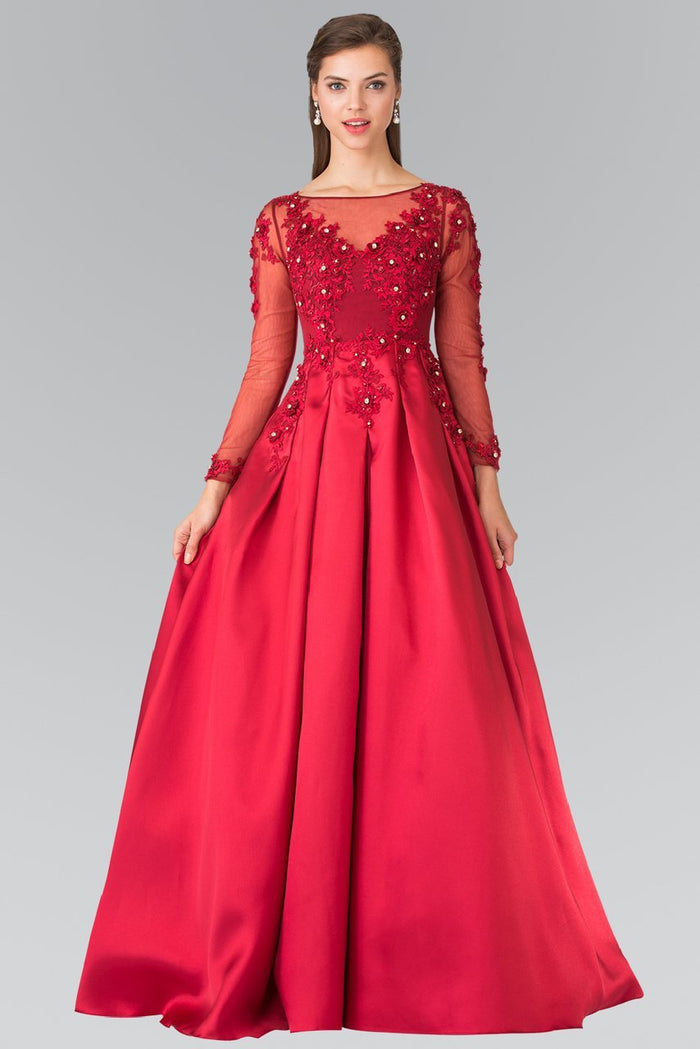 Sheer Long Sleeve Mikado A-line Evening Gown GL2255