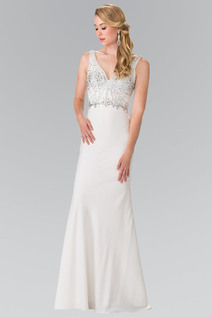 V-Neck with Beads and Jewels Embellished Gown GL2261