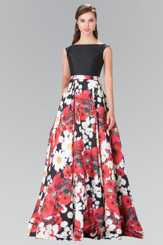 Bateau Neckline Floral Print Mikado Gown GL2266