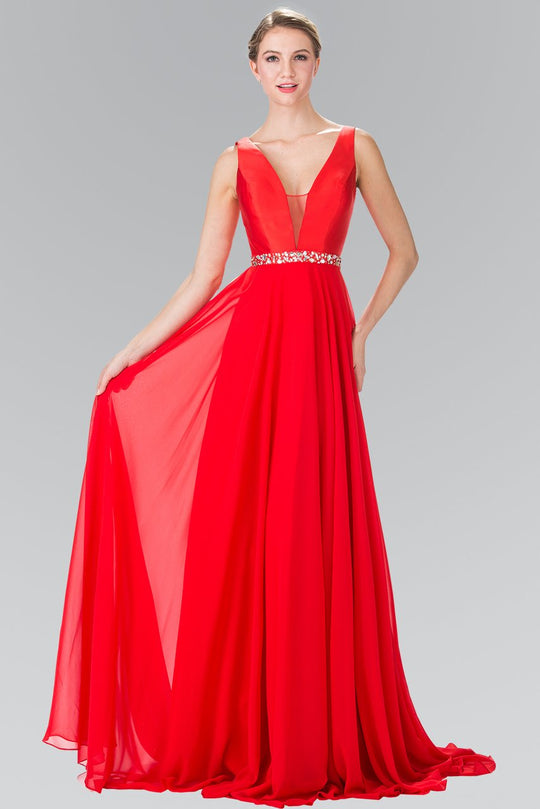 V-neck with Embellished Waist Chiffon Gown GL2293