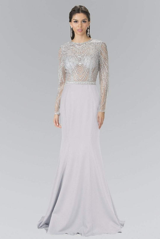 Beaded Sheer Long Sleeve Sheath Evening Gown GL2339