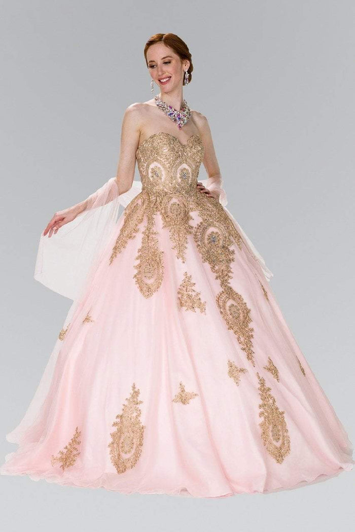 GL2379 Strapless Sweetheart Gilt Lace Ballgown