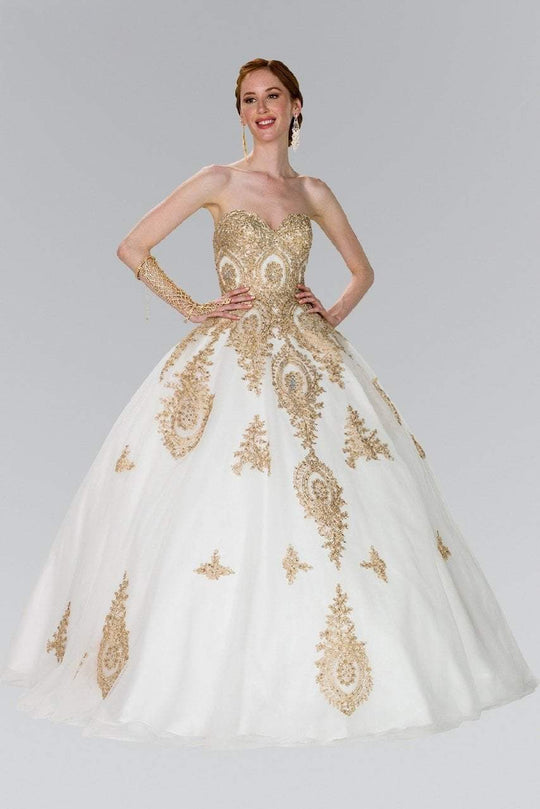 GL2379 Strapless Sweetheart Gilt Lace Ballgown