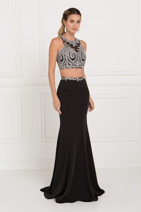 GL2419 Embroidered Two Piece Halter Evening Dress