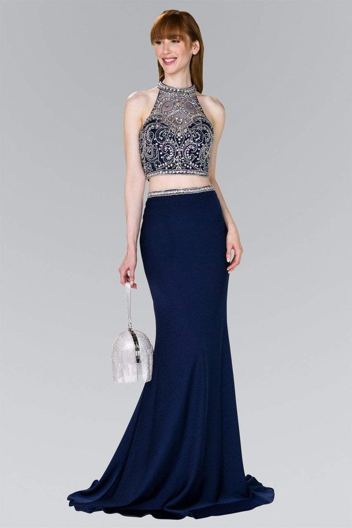 GL2424 Crystal Ornate Illusion High Neck Two-Piece Gown